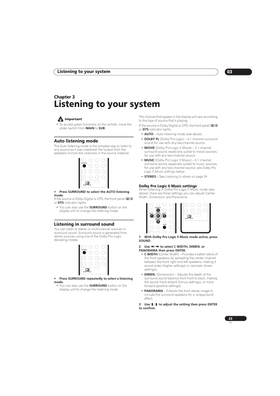 Listening to your system, Listening to your system 03, Chapter 3 | Auto listening mode, Listening in surround sound, Dolby pro logic ii music settings | Pioneer RCS-656HX User Manual | Page 23 / 156