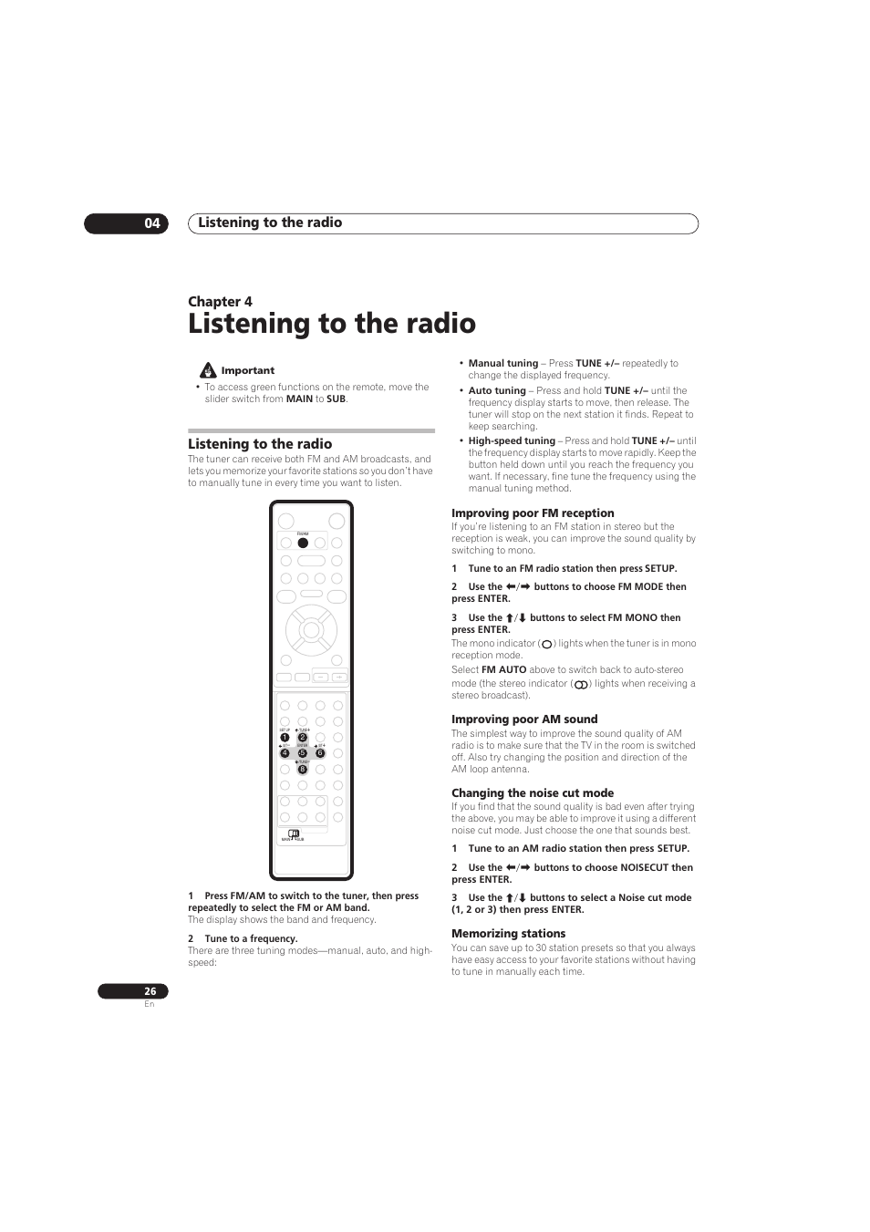 Listening to the radio, Listening to the radio 04, Chapter 4 | Improving poor fm reception, Improving poor am sound, Changing the noise cut mode | Pioneer RCS-656HX User Manual | Page 26 / 156
