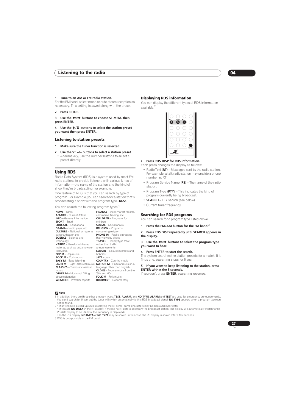 Listening to the radio 04, Using rds | Pioneer RCS-656HX User Manual | Page 27 / 156