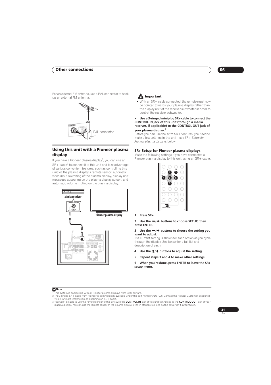Other connections 06, Using this unit with a pioneer plasma display, Sr+ setup for pioneer plasma displays | Pal connector, If you have a pioneer plasma display, You can use an sr+ cable, Pioneer plasma display media receiver | Pioneer RCS-656HX User Manual | Page 31 / 156