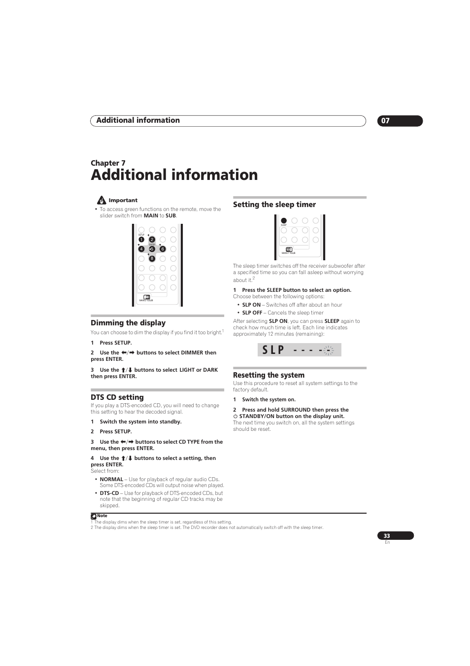 Additional information, S l p, Additional information 07 | Chapter 7, Dimming the display, Dts cd setting, Setting the sleep timer, Resetting the system | Pioneer RCS-656HX User Manual | Page 33 / 156