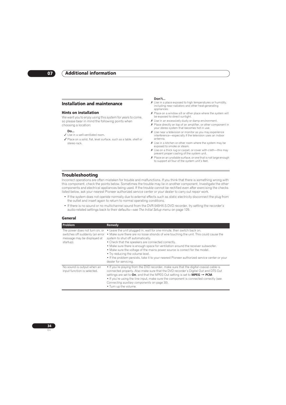 Additional information 07, Installation and maintenance, Troubleshooting | Pioneer RCS-656HX User Manual | Page 34 / 156