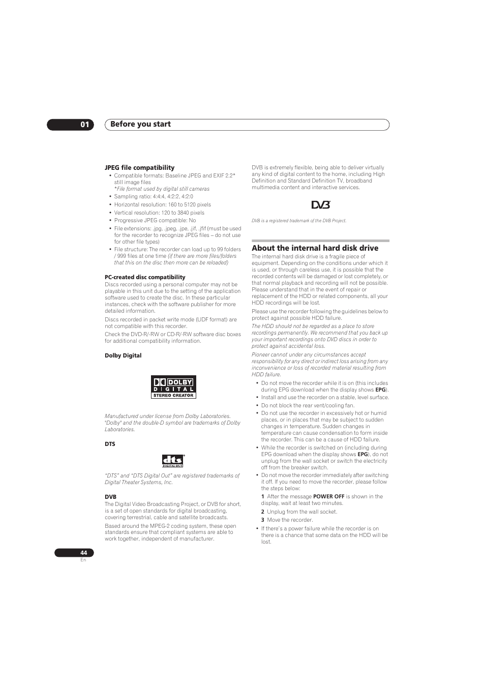 Before you start 01, About the internal hard disk drive | Pioneer RCS-656HX User Manual | Page 44 / 156