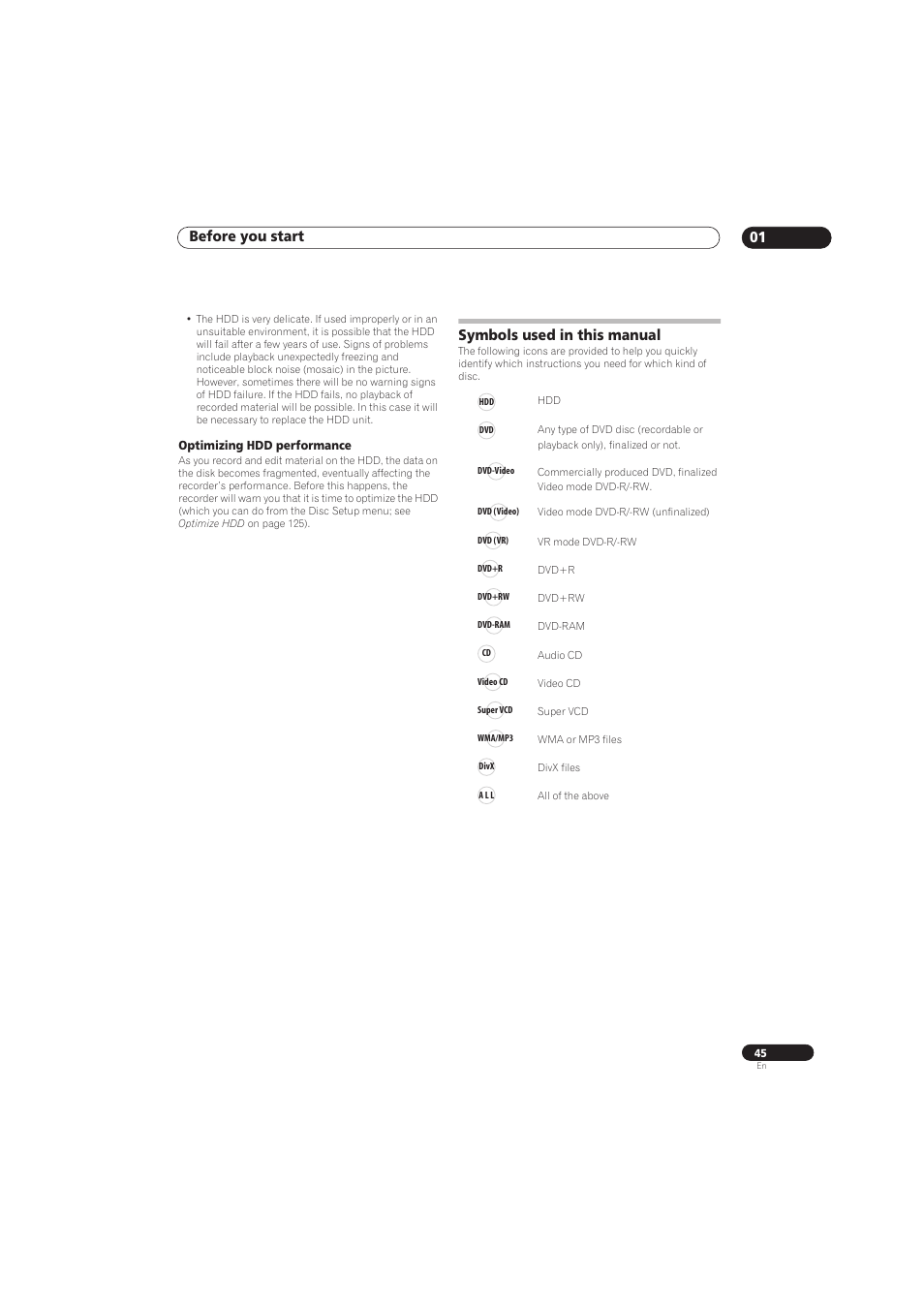 Before you start 01, Symbols used in this manual | Pioneer RCS-656HX User Manual | Page 45 / 156