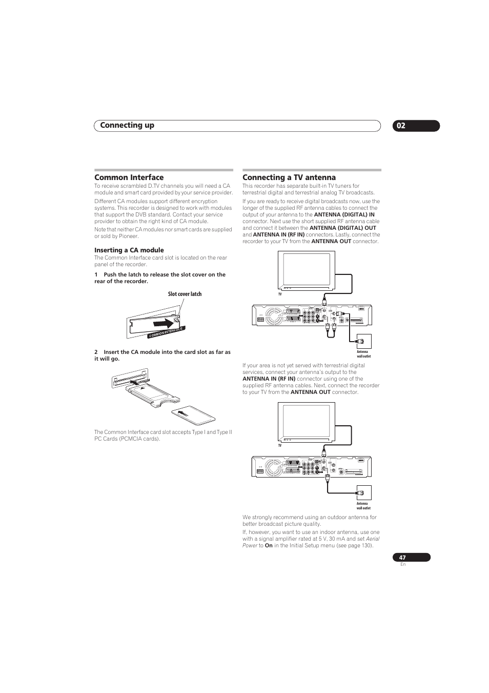 Connecting up 02, Common interface, Connecting a tv antenna | Coaxial, Output input3 in, Inserting a ca module, Slot cover latch | Pioneer RCS-656HX User Manual | Page 47 / 156