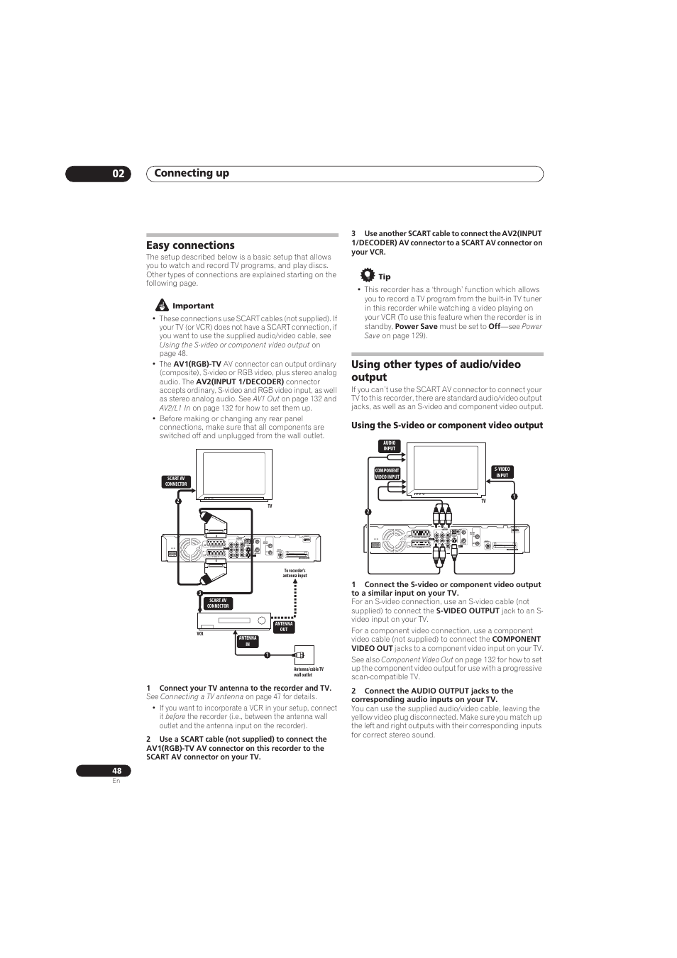 Connecting up 02, Easy connections, Using other types of audio/video output | Coaxial, Output input3 in, Using the s-video or component video output | Pioneer RCS-656HX User Manual | Page 48 / 156