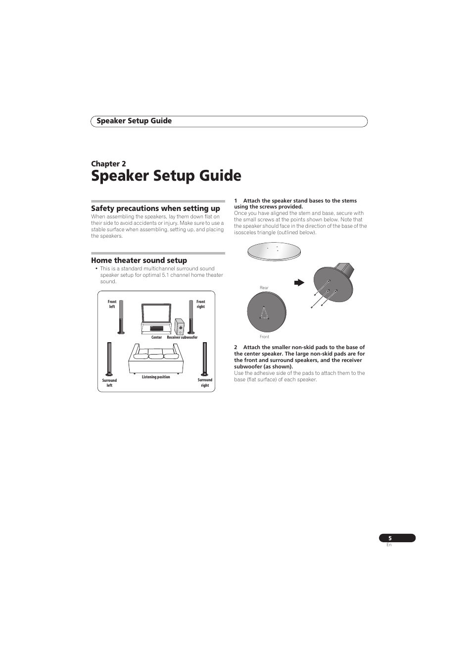 Speaker setup guide, Chapter 2, Safety precautions when setting up | Home theater sound setup | Pioneer RCS-656HX User Manual | Page 5 / 156
