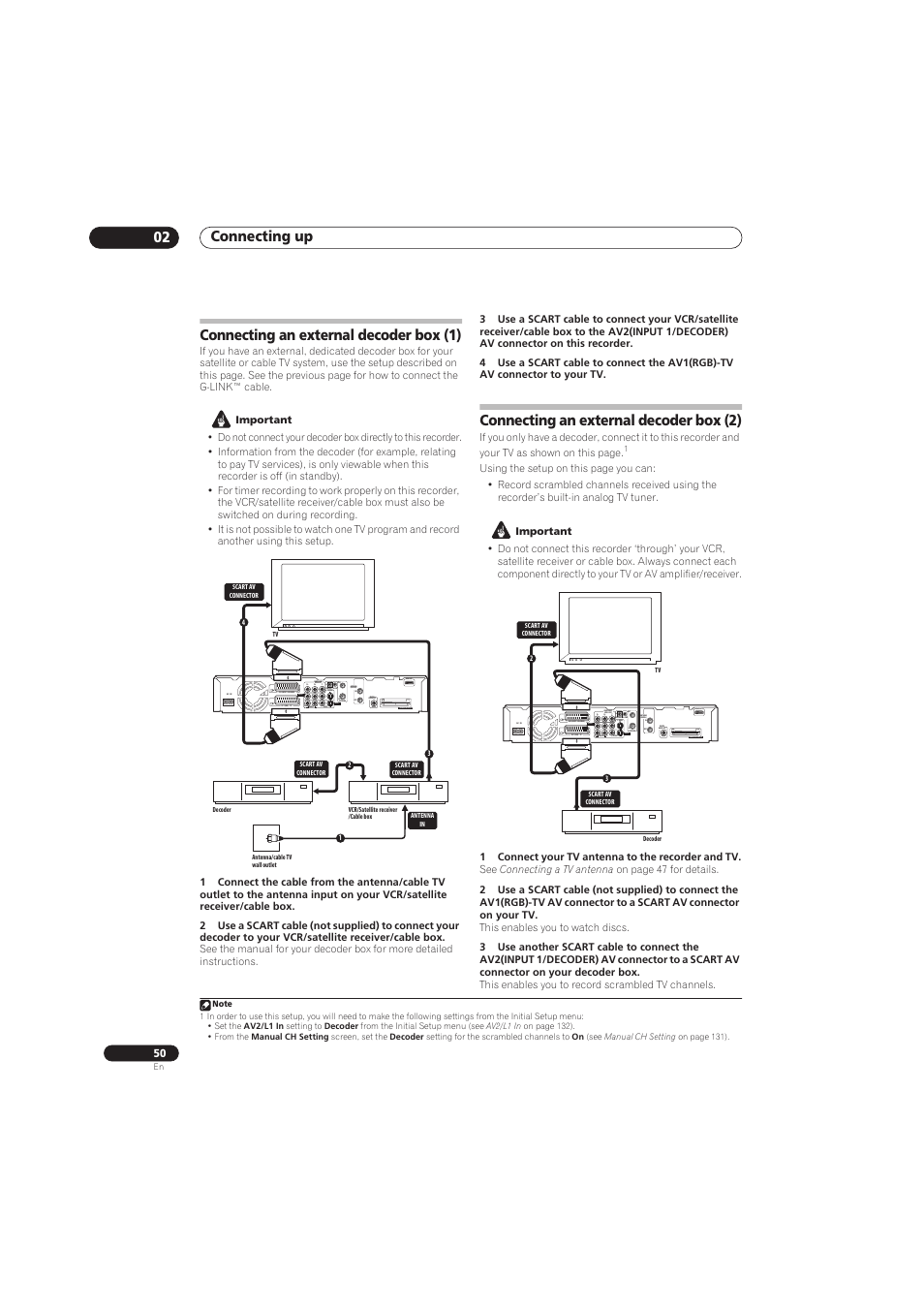 Connecting up 02, Connecting an external decoder box (1), Connecting an external decoder box (2) | Coaxial, Output input3 in | Pioneer RCS-656HX User Manual | Page 50 / 156