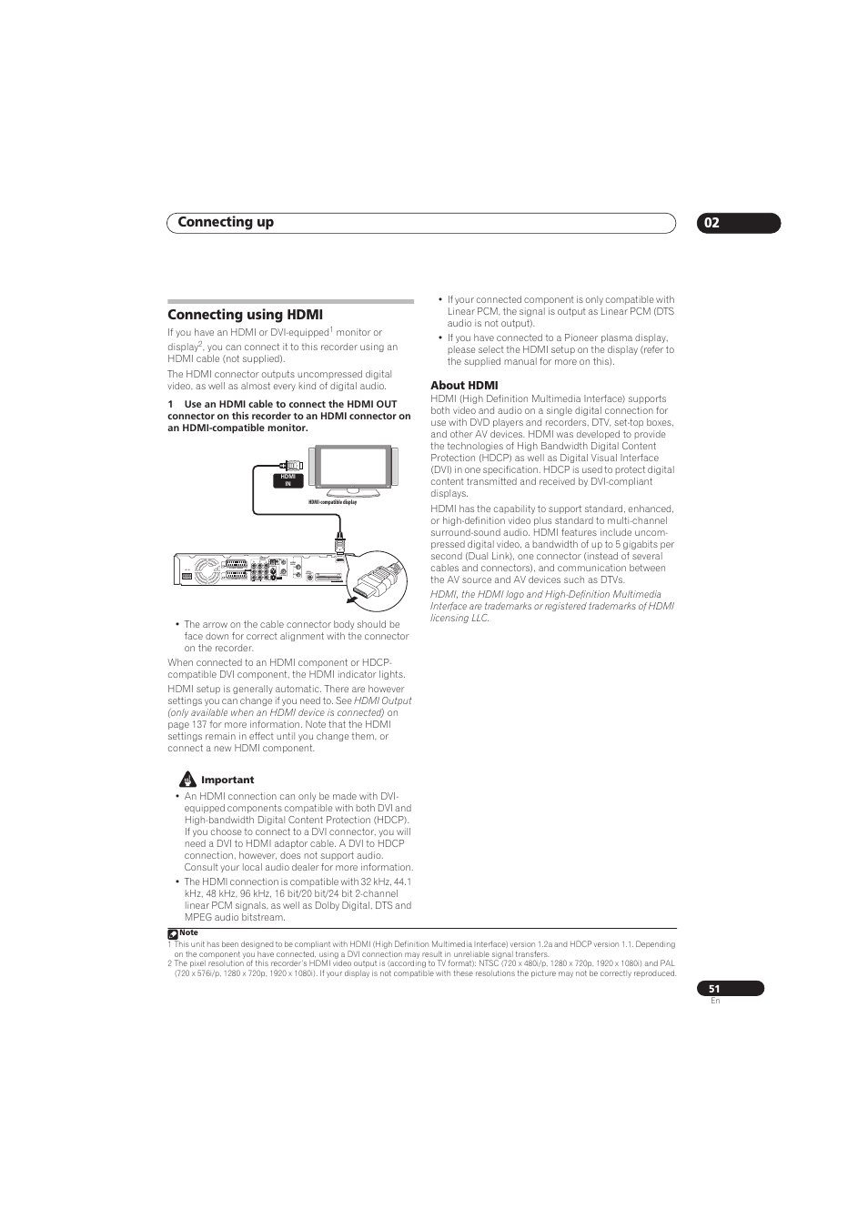 Connecting up 02, Connecting using hdmi, Coaxial | Output input3 in, Ac in, About hdmi | Pioneer RCS-656HX User Manual | Page 51 / 156