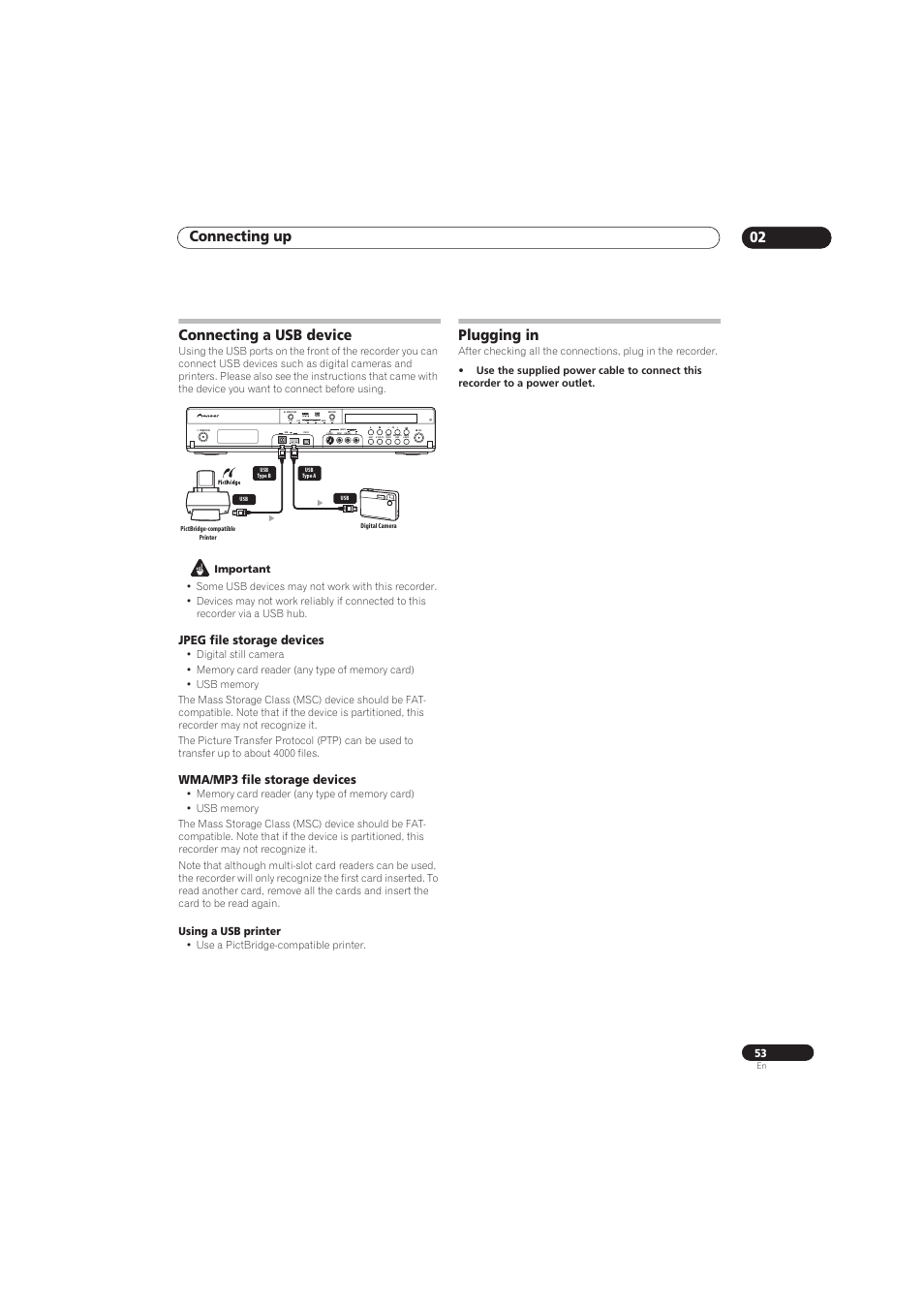 Connecting up 02, Connecting a usb device, Plugging in | Jpeg file storage devices, Wma/mp3 file storage devices | Pioneer RCS-656HX User Manual | Page 53 / 156