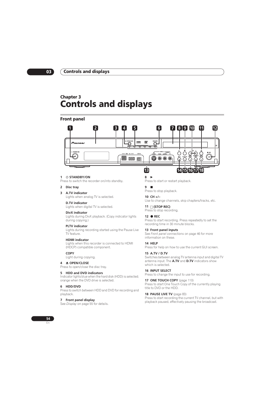 Controls and displays, Controls and displays 03, Chapter 3 | Front panel | Pioneer RCS-656HX User Manual | Page 54 / 156