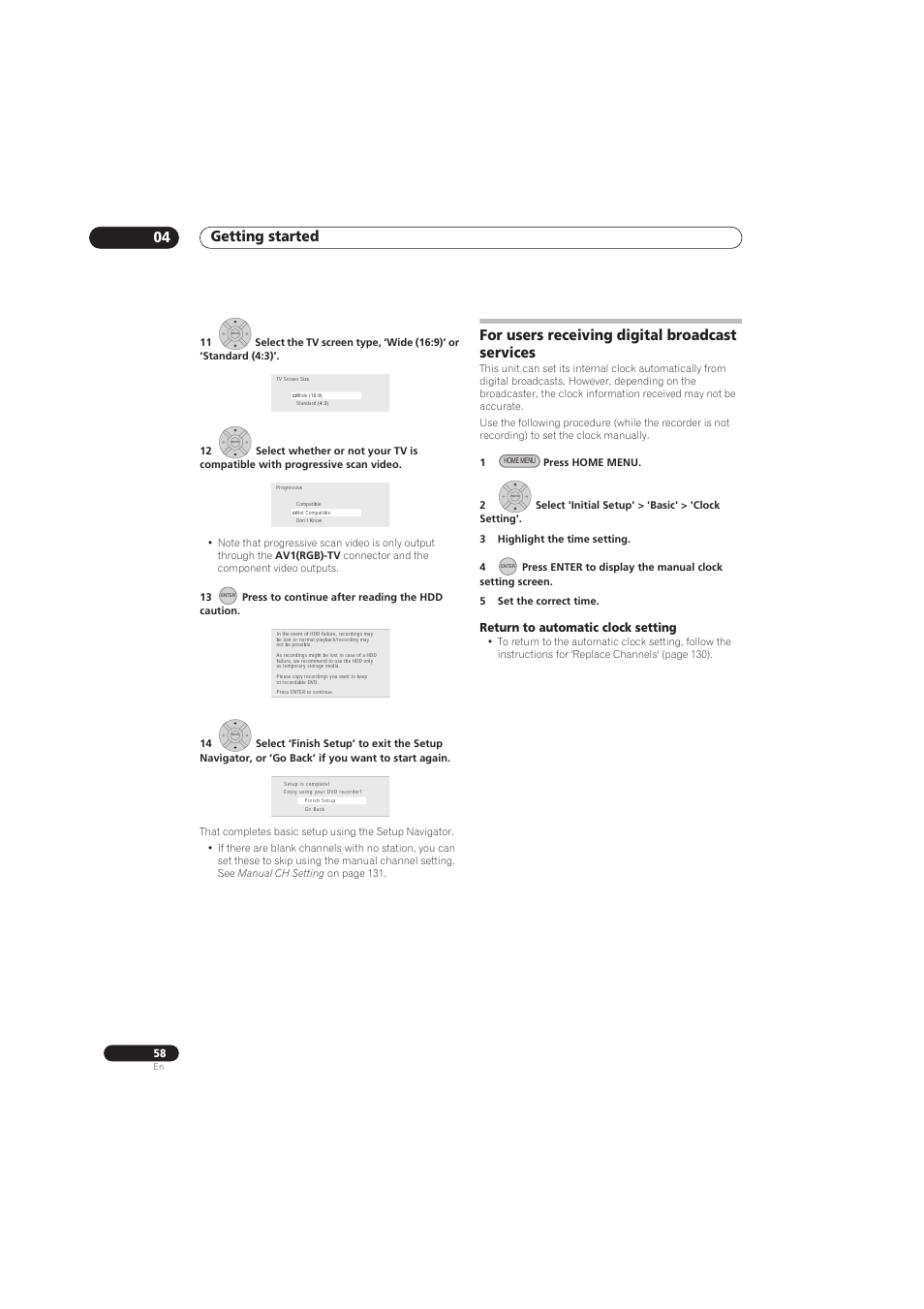 Getting started 04, For users receiving digital broadcast services, Return to automatic clock setting | Pioneer RCS-656HX User Manual | Page 58 / 156