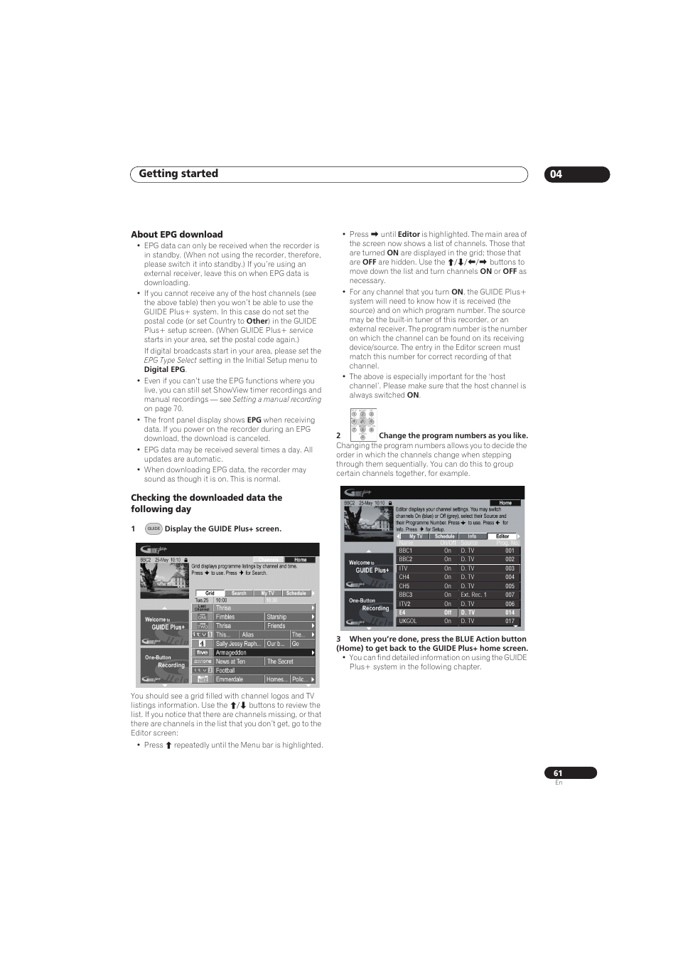 Getting started 04, About epg download, Checking the downloaded data the following day | Pioneer RCS-656HX User Manual | Page 61 / 156