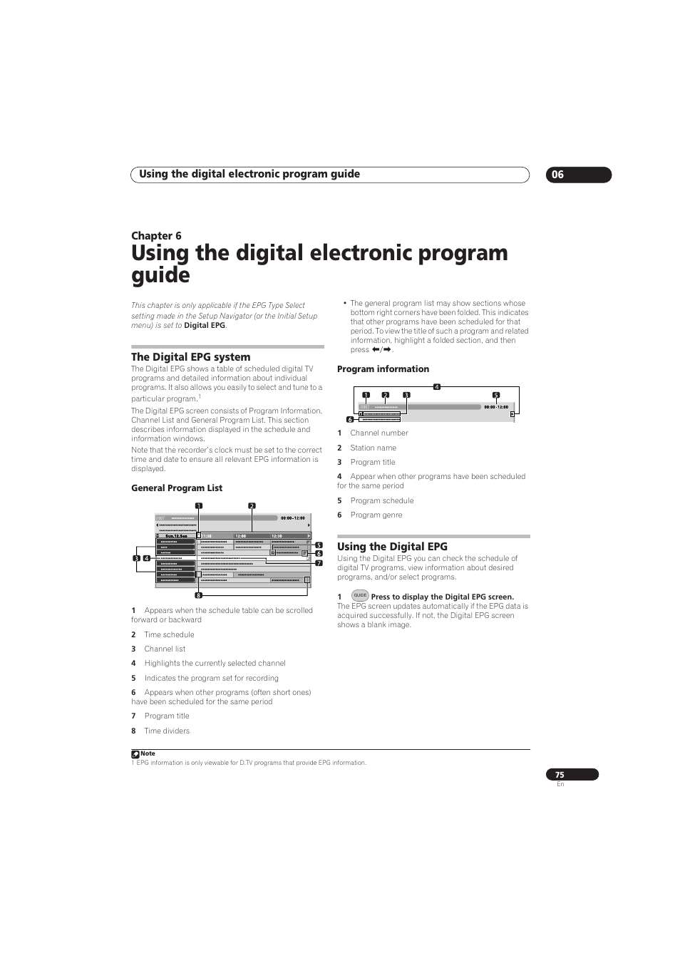 Using the digital electronic program guide, Using the digital electronic program guide 06, Chapter 6 | The digital epg system, Using the digital epg | Pioneer RCS-656HX User Manual | Page 75 / 156