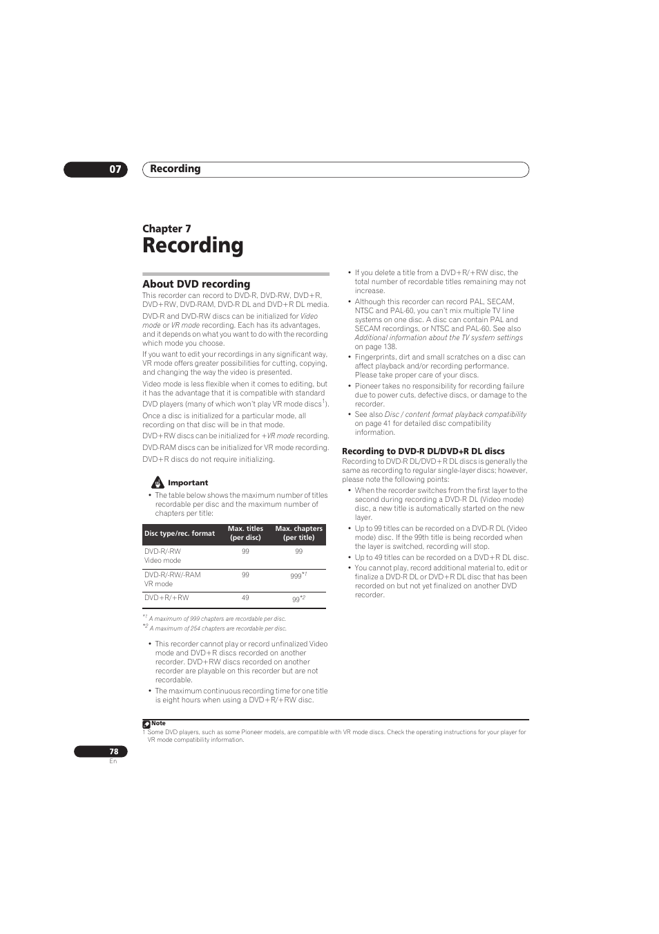 Recording, Recording 07, Chapter 7 | About dvd recording | Pioneer RCS-656HX User Manual | Page 78 / 156