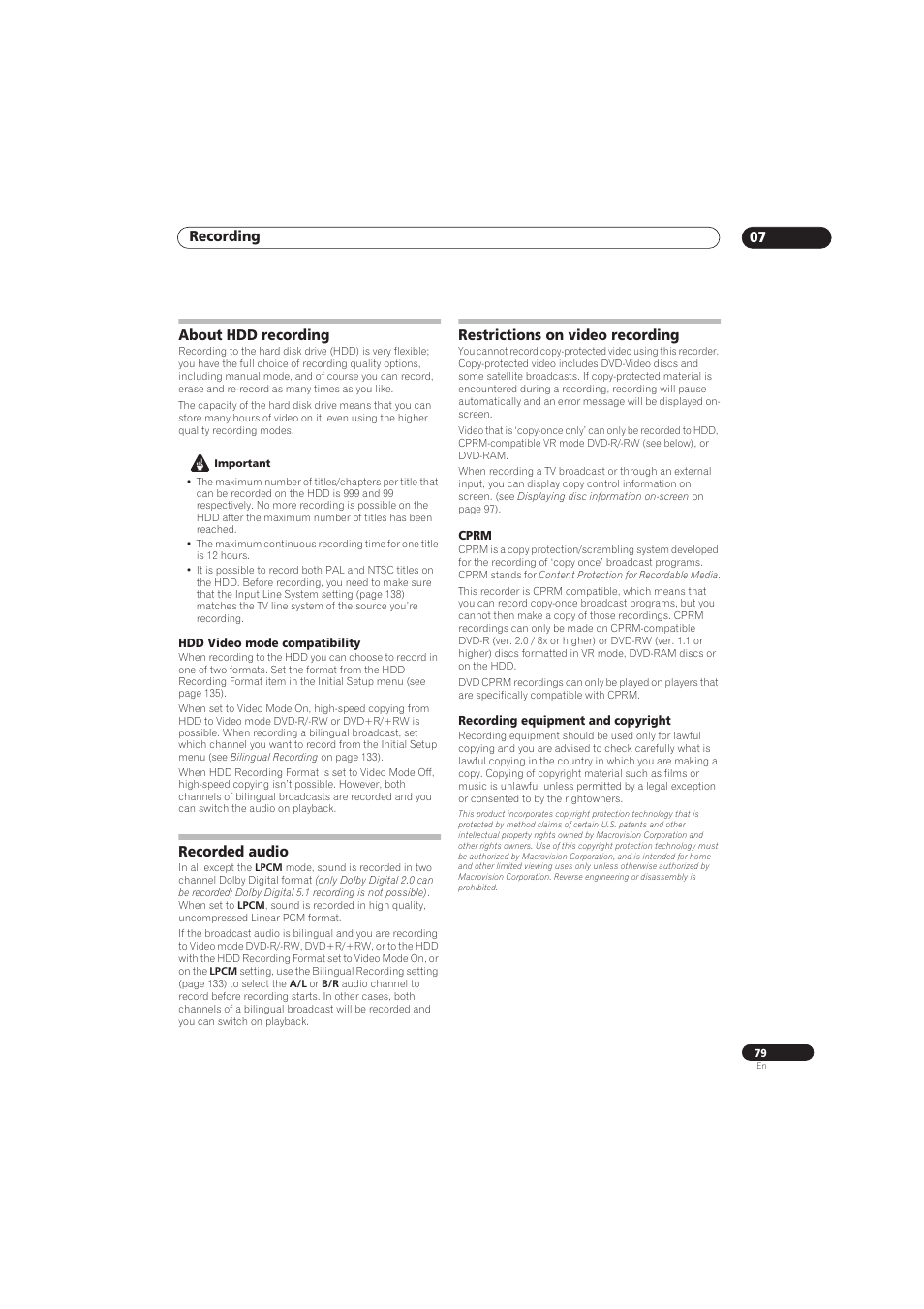 Recording 07, About hdd recording, Recorded audio | Restrictions on video recording | Pioneer RCS-656HX User Manual | Page 79 / 156