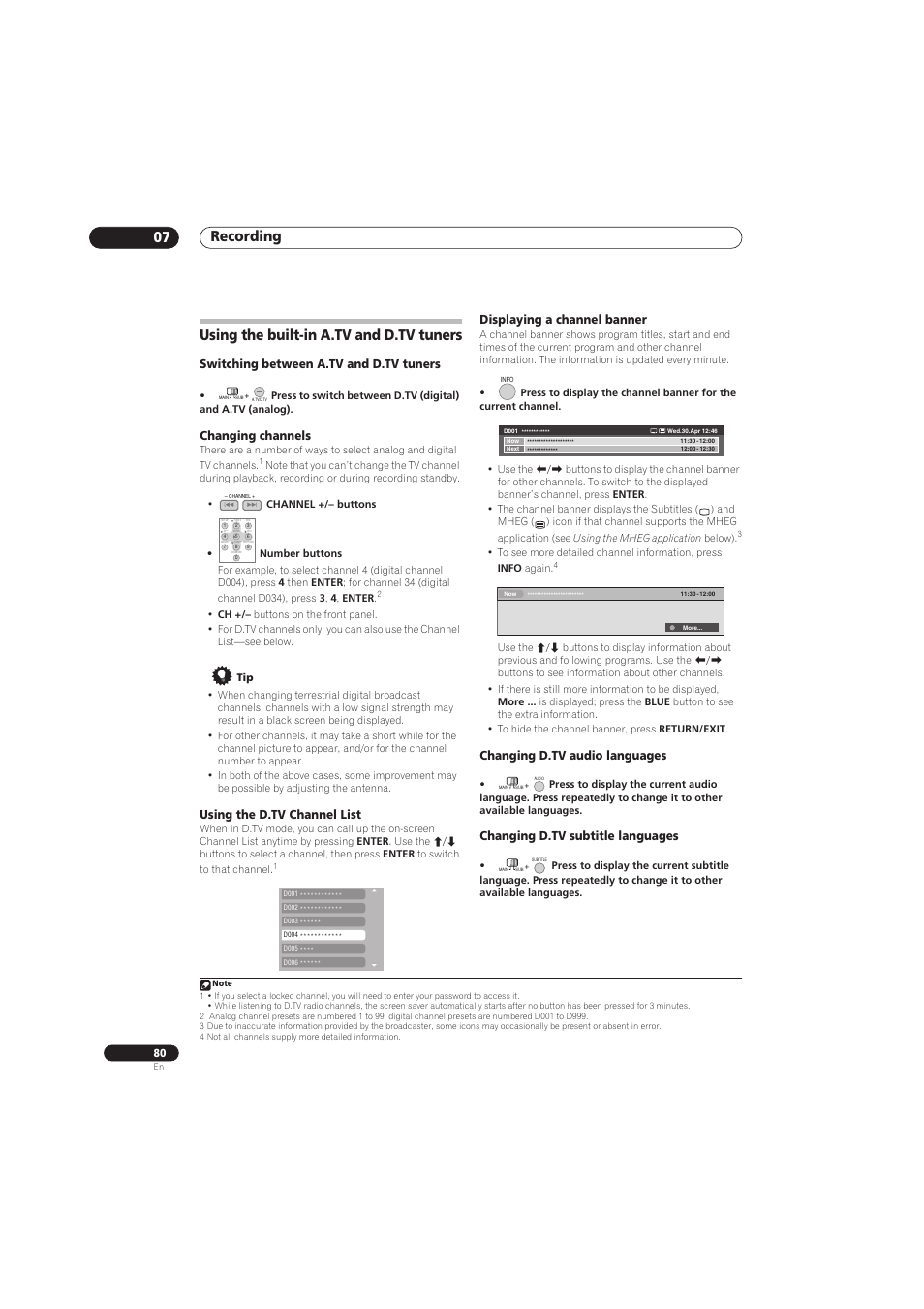 Recording 07, Using the built-in a.tv and d.tv tuners, Switching between a.tv and d.tv tuners | Changing channels, Using the d.tv channel list, Displaying a channel banner, Changing d.tv audio languages, Changing d.tv subtitle languages | Pioneer RCS-656HX User Manual | Page 80 / 156
