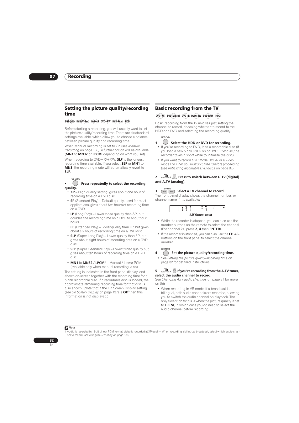 Recording 07, Setting the picture quality/recording time, Basic recording from the tv | Pioneer RCS-656HX User Manual | Page 82 / 156