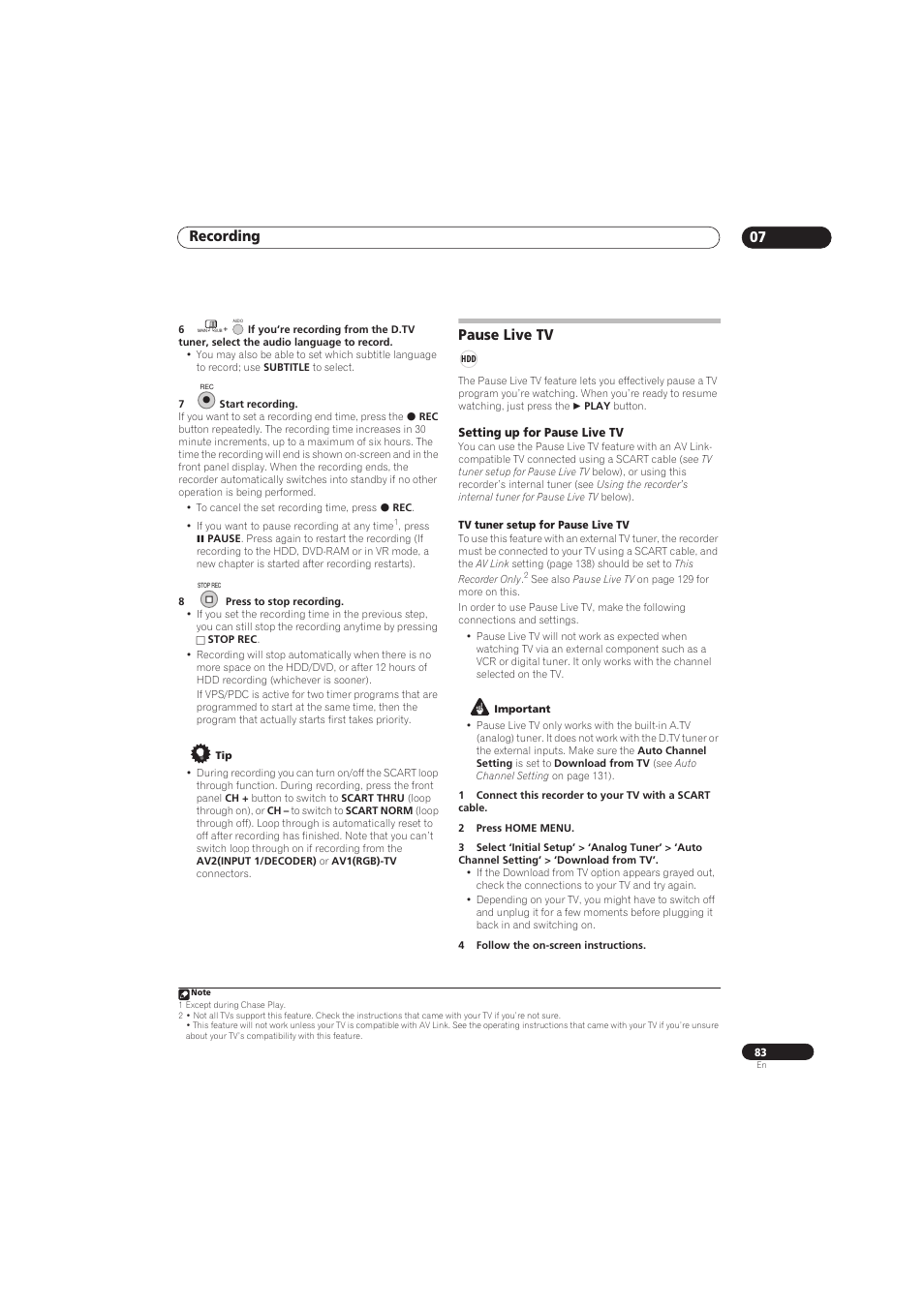 Recording 07, Pause live tv | Pioneer RCS-656HX User Manual | Page 83 / 156