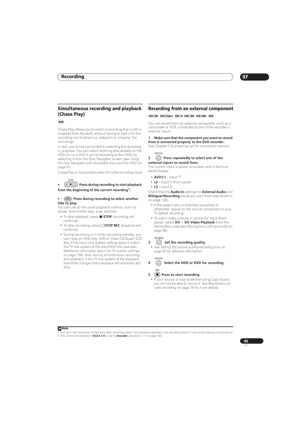 Recording 07, Simultaneous recording and playback (chase play), Recording from an external component | Pioneer RCS-656HX User Manual | Page 85 / 156