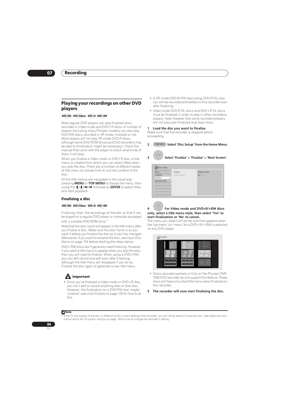 Recording 07, Playing your recordings on other dvd players | Pioneer RCS-656HX User Manual | Page 86 / 156