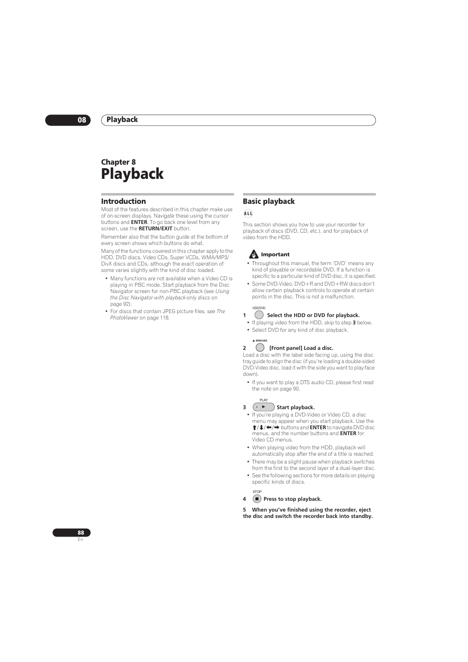 Playback, Playback 08, Chapter 8 | Introduction, Basic playback | Pioneer RCS-656HX User Manual | Page 88 / 156