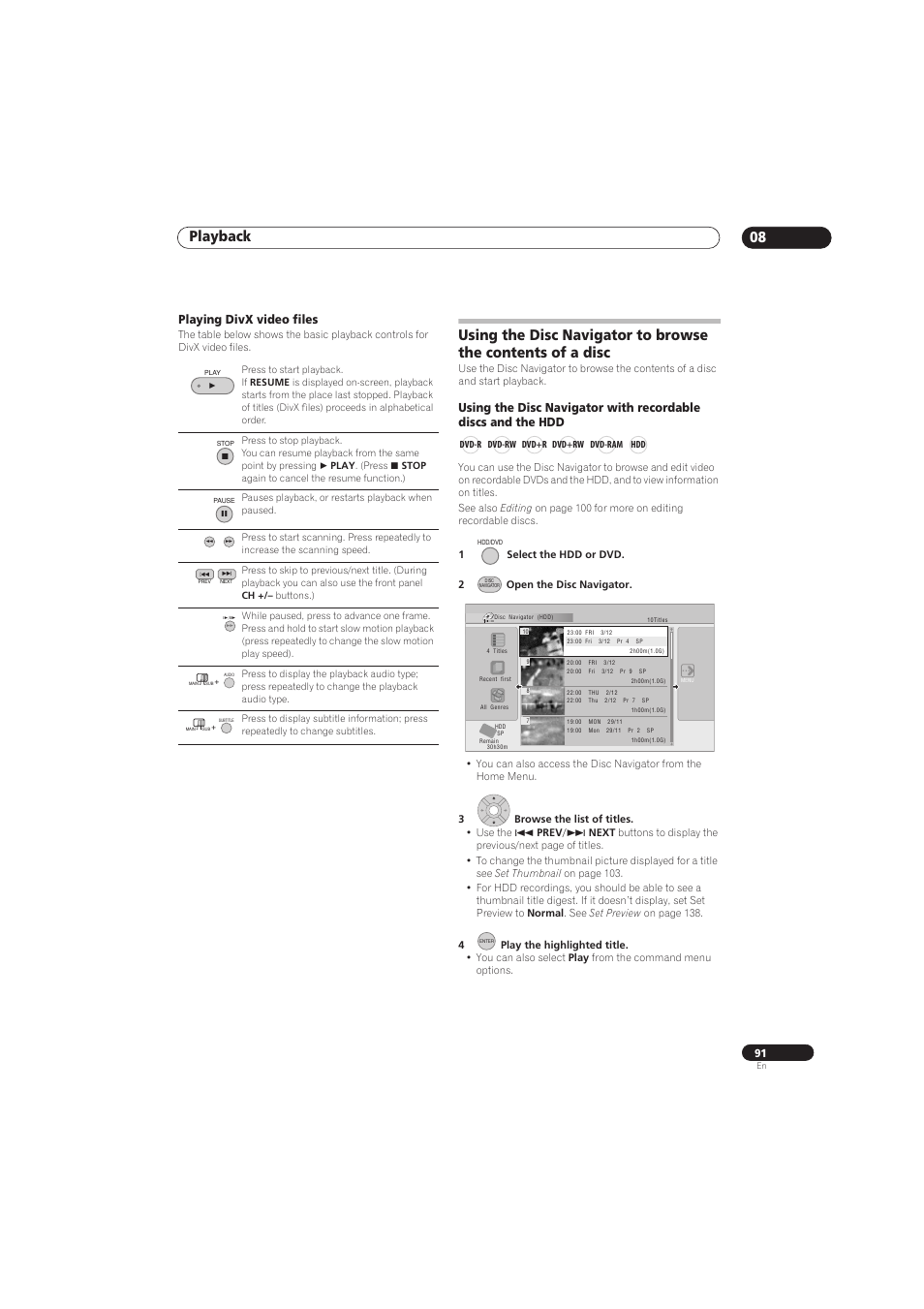 Playback 08, Playing divx video files | Pioneer RCS-656HX User Manual | Page 91 / 156