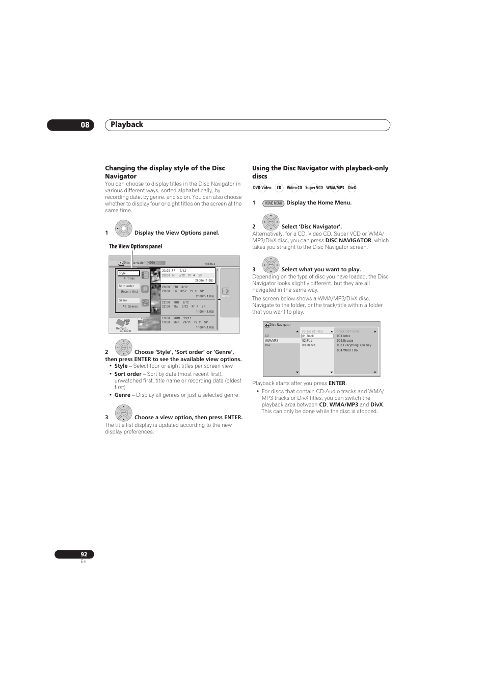 Playback 08, Changing the display style of the disc navigator, Using the disc navigator with playback-only discs | The view options panel | Pioneer RCS-656HX User Manual | Page 92 / 156