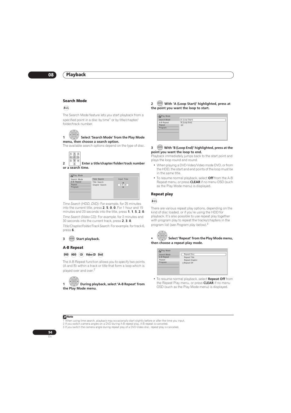Playback 08, Search mode, A-b repeat | Repeat play | Pioneer RCS-656HX User Manual | Page 94 / 156