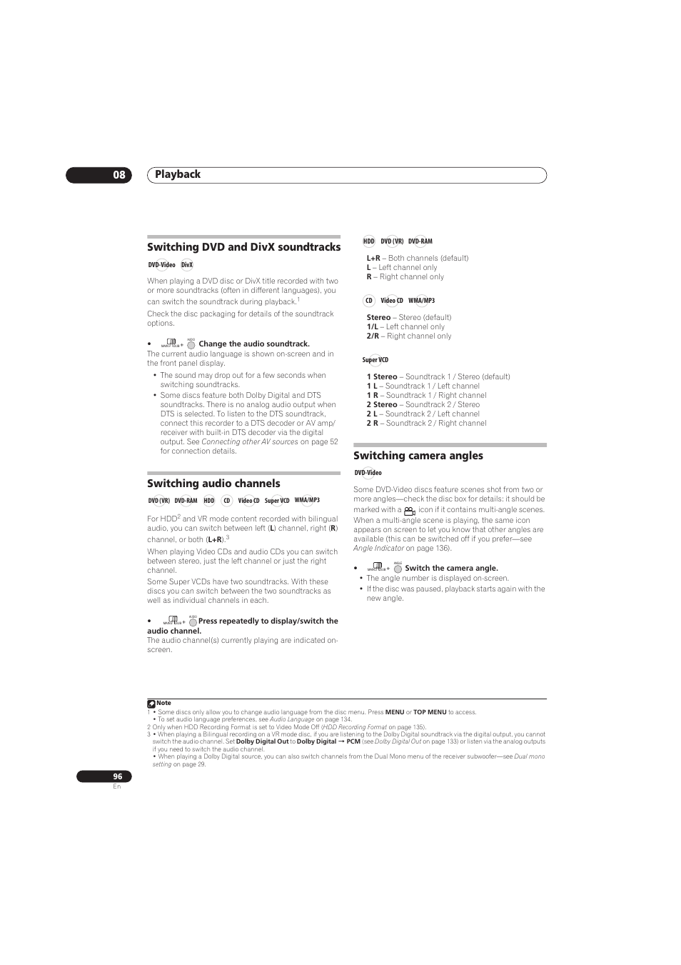 Playback 08, Switching dvd and divx soundtracks, Switching audio channels | Switching camera angles | Pioneer RCS-656HX User Manual | Page 96 / 156