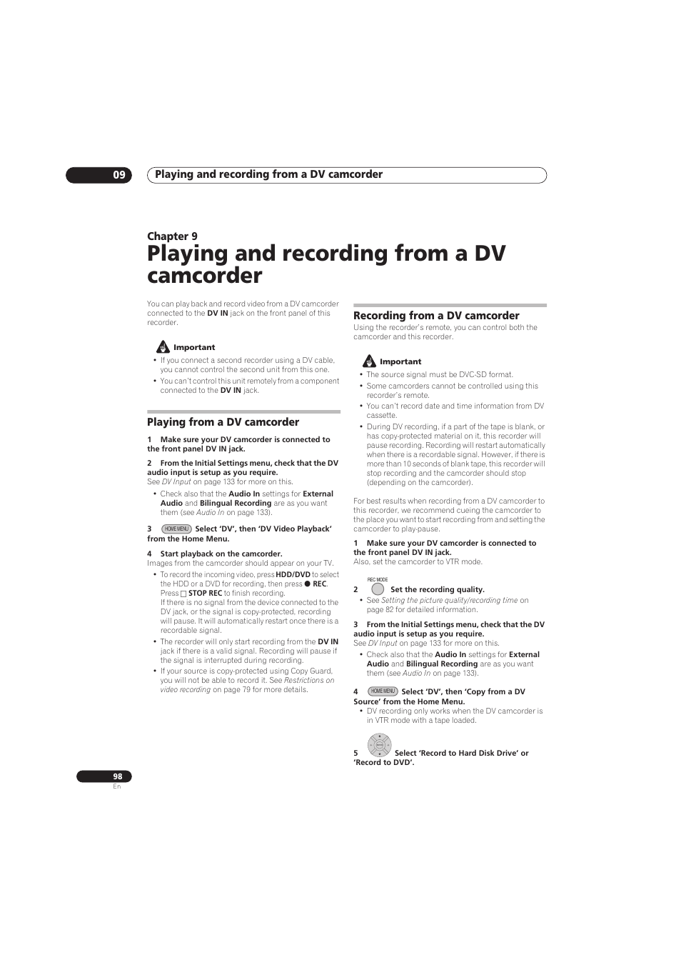Playing and recording from a dv camcorder, Playing and recording from a dv camcorder 09, Chapter 9 | Playing from a dv camcorder, Recording from a dv camcorder | Pioneer RCS-656HX User Manual | Page 98 / 156
