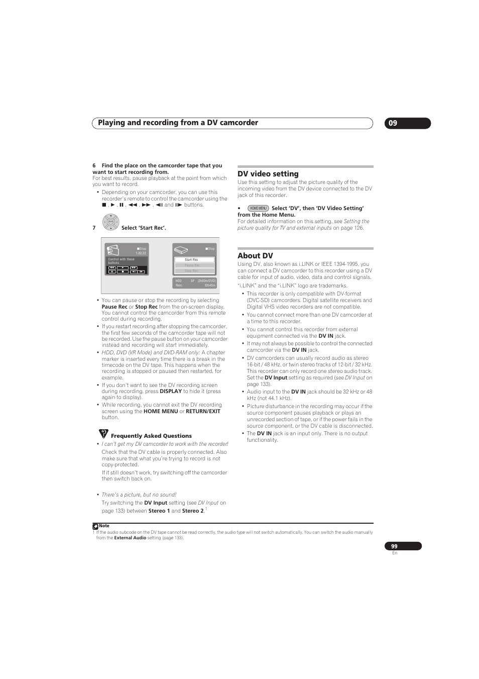 Playing and recording from a dv camcorder 09, Dv video setting, About dv | Pioneer RCS-656HX User Manual | Page 99 / 156