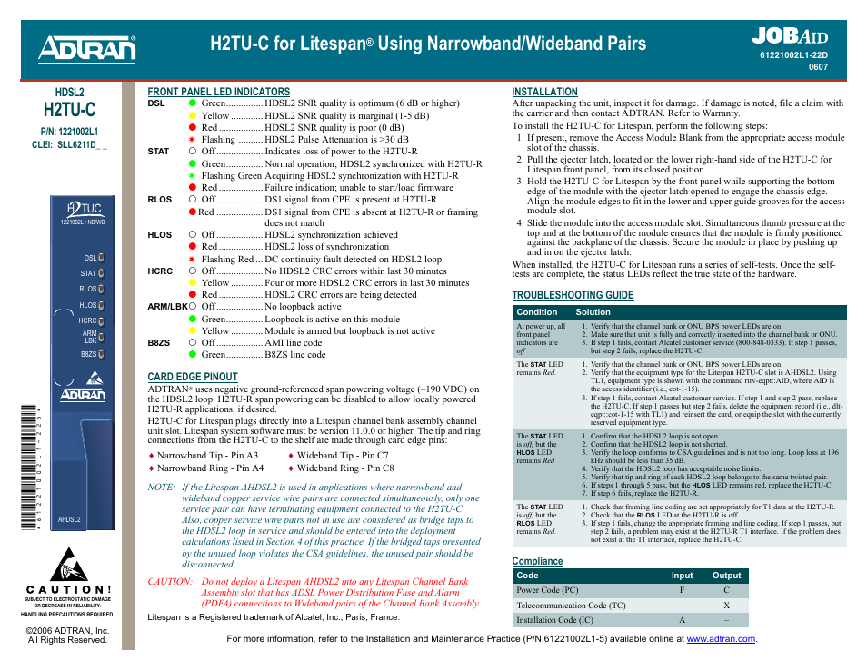 ADTRAN 3192 H2TU-C User Manual | 2 pages