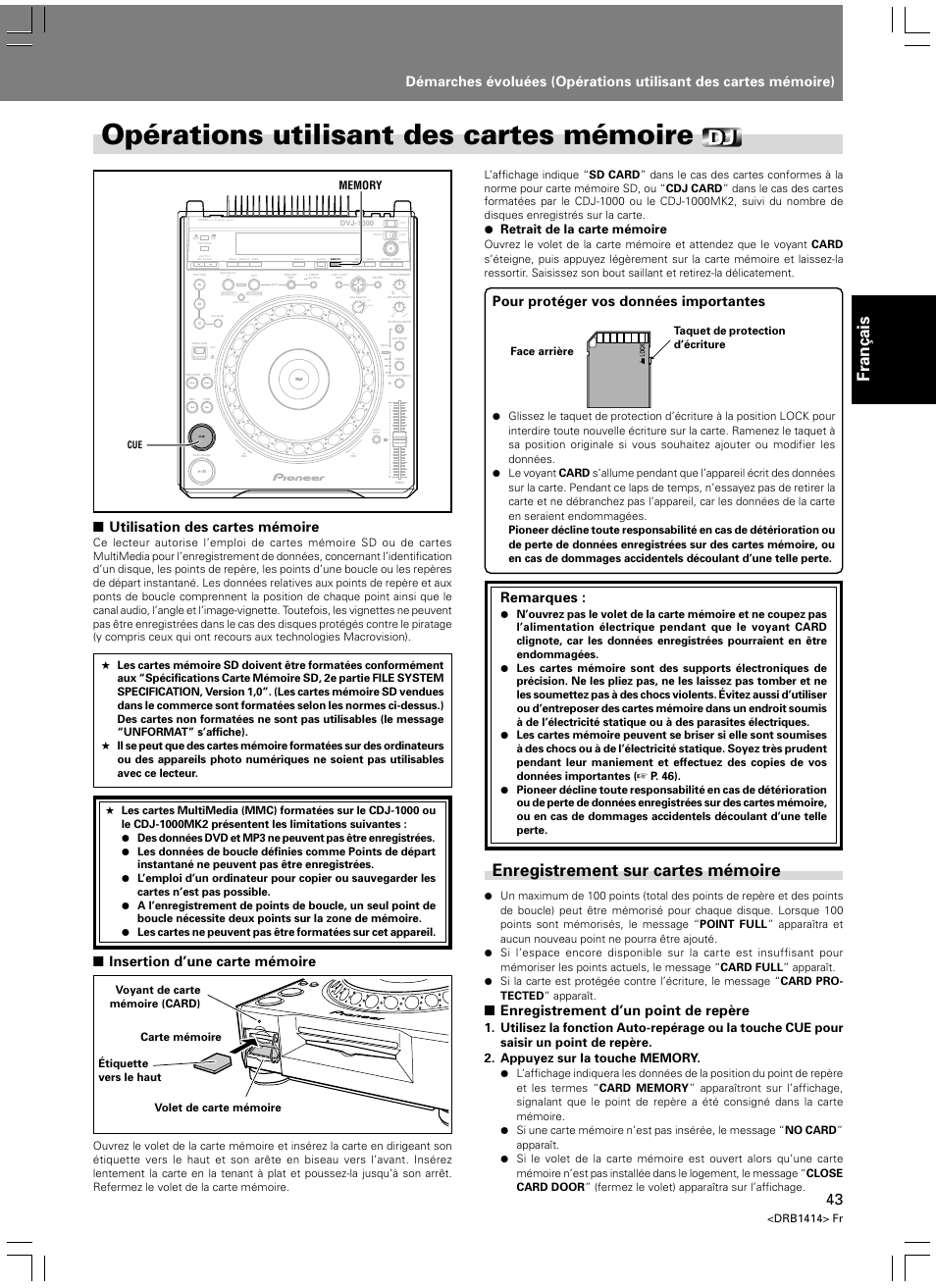 Opérations utilisant des cartes mémoire, Enregistrement sur cartes mémoire, Fran ç ais | Utilisation des cartes mémoire, Insertion d’une carte mémoire, Light heavy, Enregistrement d’un point de repère, Pour protéger vos données importantes, Remarques, Retrait de la carte mémoire | Pioneer DVJ-1000 User Manual | Page 101 / 319