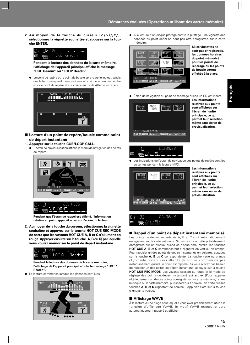 Fran ç ais, Rappel d’un point de départ instantané mémorisé, Affichage wave | Pioneer DVJ-1000 User Manual | Page 103 / 319