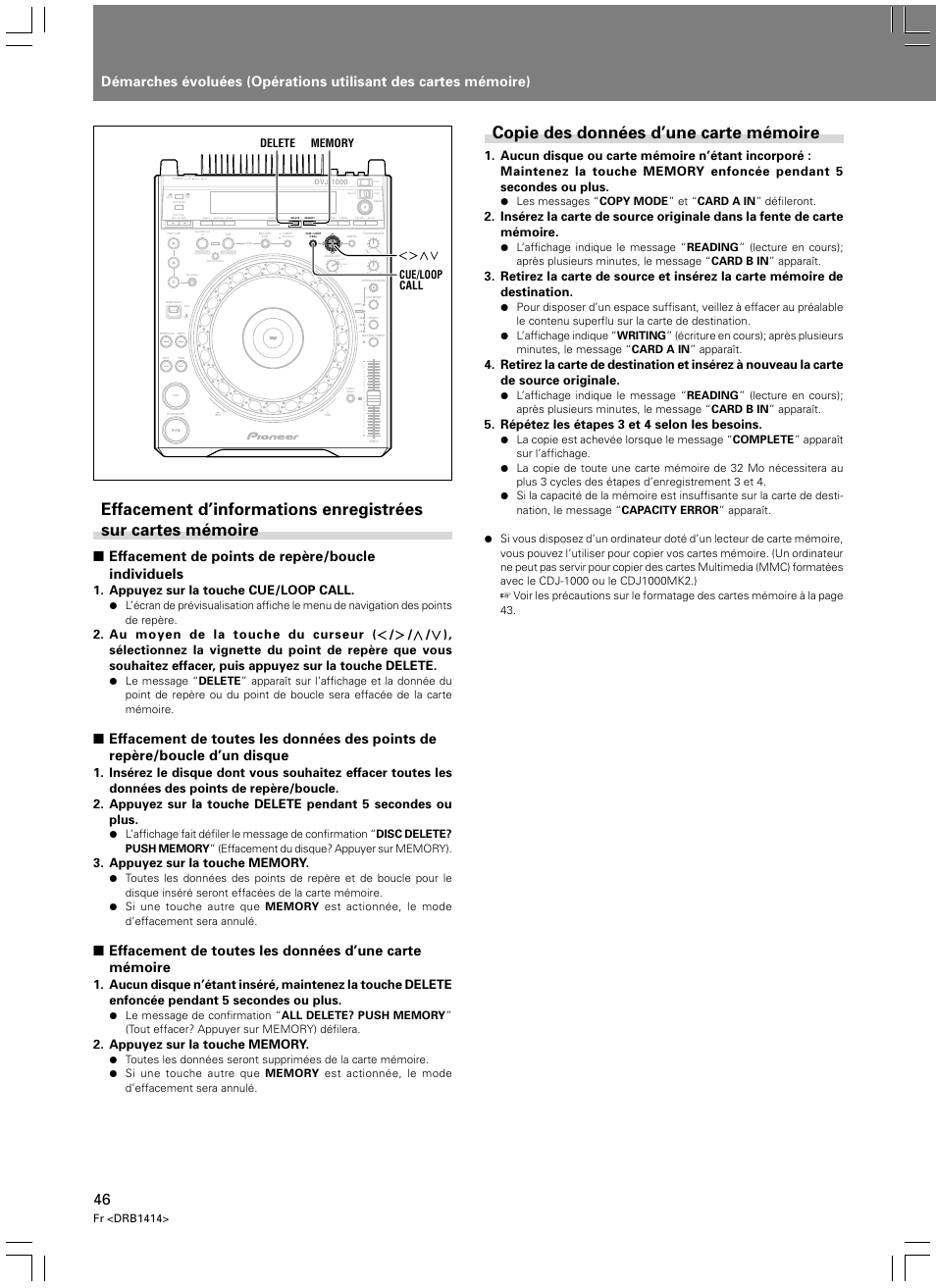 Copie des données d’une carte mémoire, Effacement de points de repère/boucle individuels, Light heavy | Appuyez sur la touche cue/loop call, Répétez les étapes 3 et 4 selon les besoins, Fr <drb1414 | Pioneer DVJ-1000 User Manual | Page 104 / 319