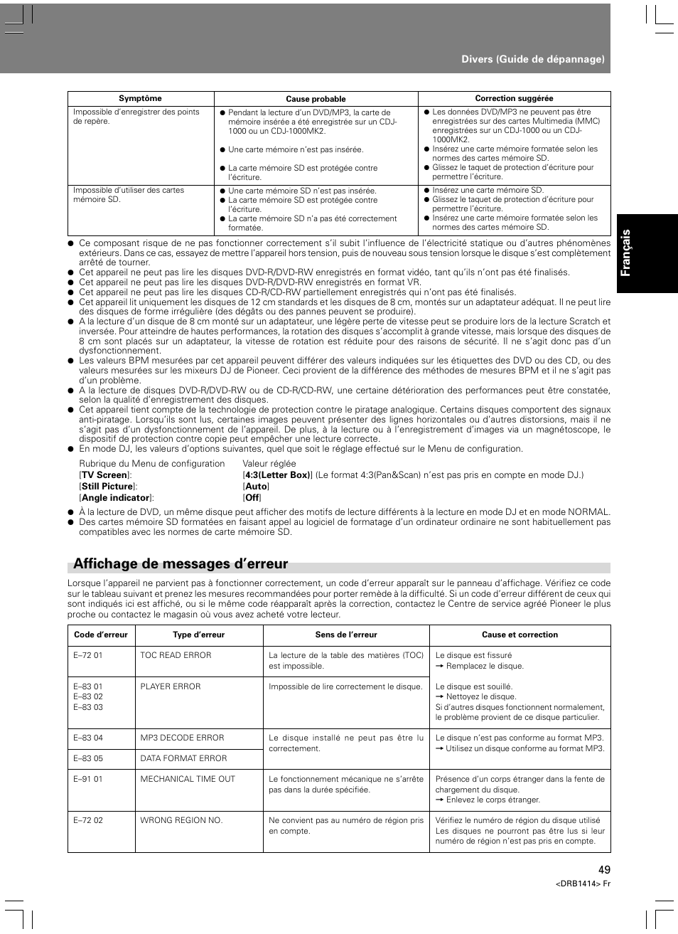 Affichage de messages d’erreur, Fran ç ais | Pioneer DVJ-1000 User Manual | Page 107 / 319