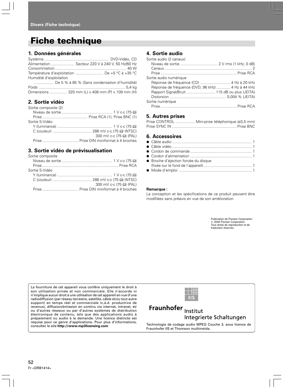 Fiche technique | Pioneer DVJ-1000 User Manual | Page 110 / 319