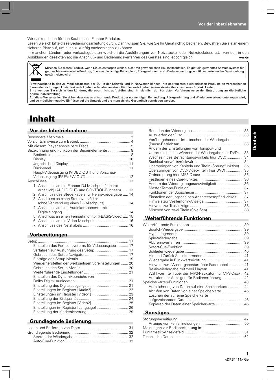 Bedienungsanleitung, Inhalt | Pioneer DVJ-1000 User Manual | Page 111 / 319