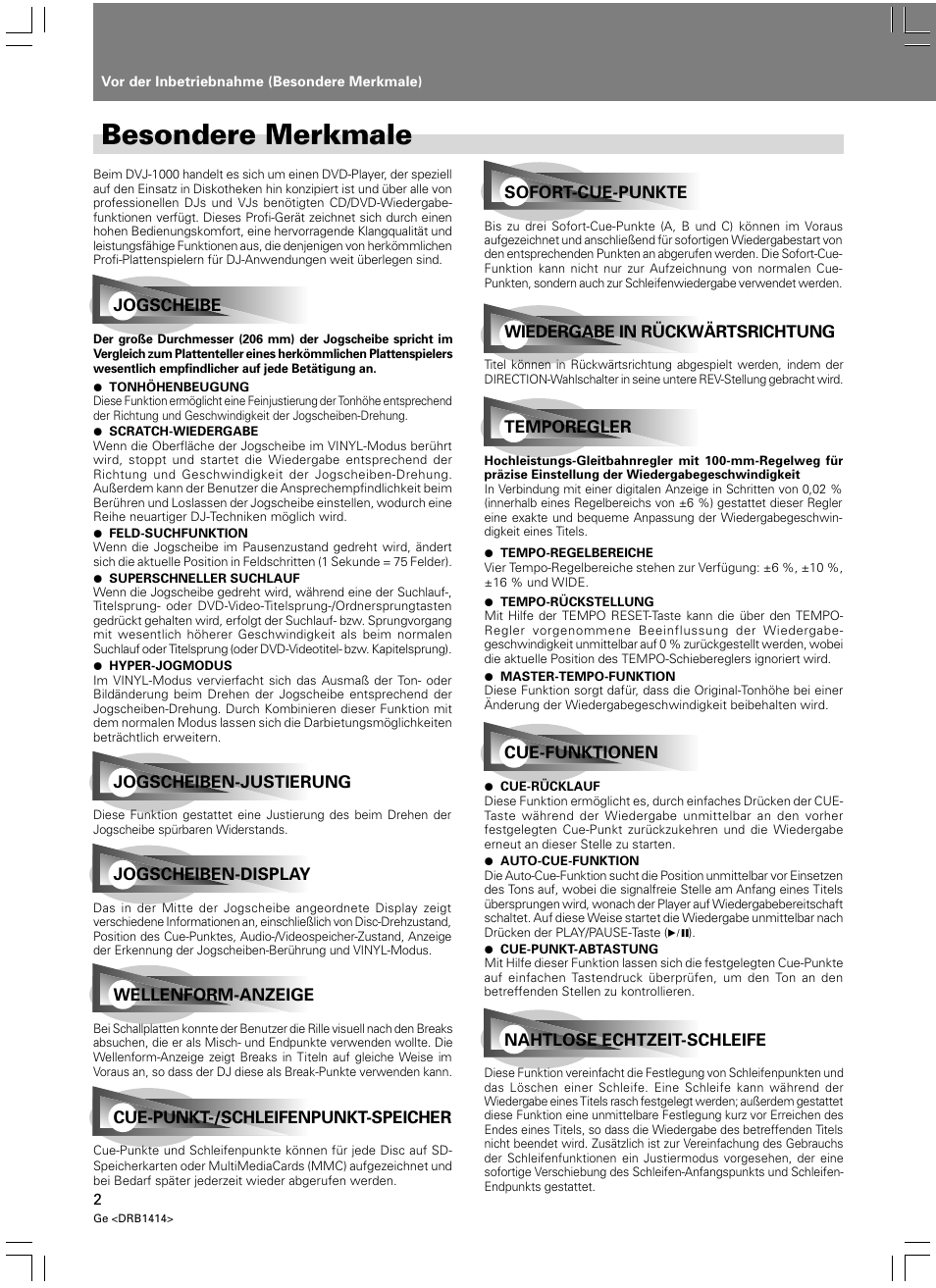 Vor der inbetriebnahme, Besondere merkmale | Pioneer DVJ-1000 User Manual | Page 112 / 319