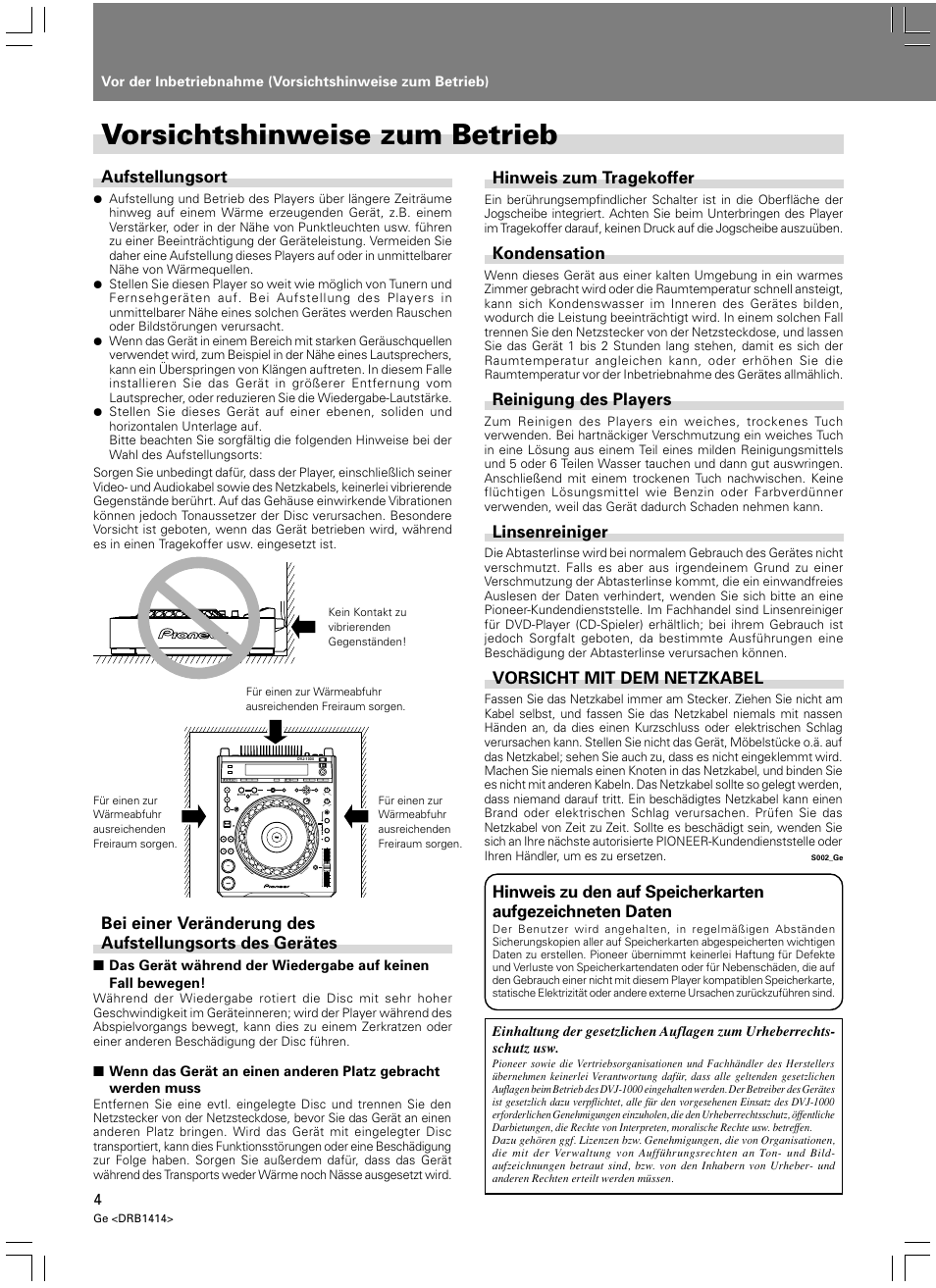 Vorsichtshinweise zum betrieb | Pioneer DVJ-1000 User Manual | Page 114 / 319