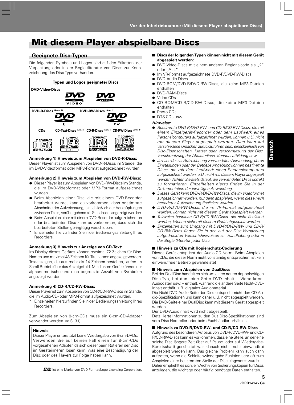 Mit diesem player abspielbare discs, Deutsch, Geeignete disc-typen | Pioneer DVJ-1000 User Manual | Page 115 / 319