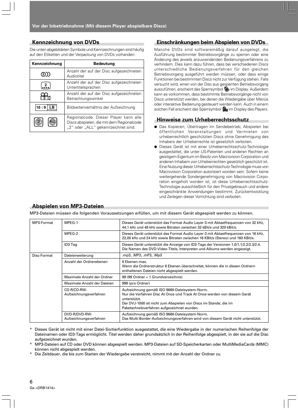 Einschränkungen beim abspielen von dvds, Hinweise zum urheberrechtsschutz, Abspielen von mp3-dateien | Kennzeichnung von dvds | Pioneer DVJ-1000 User Manual | Page 116 / 319