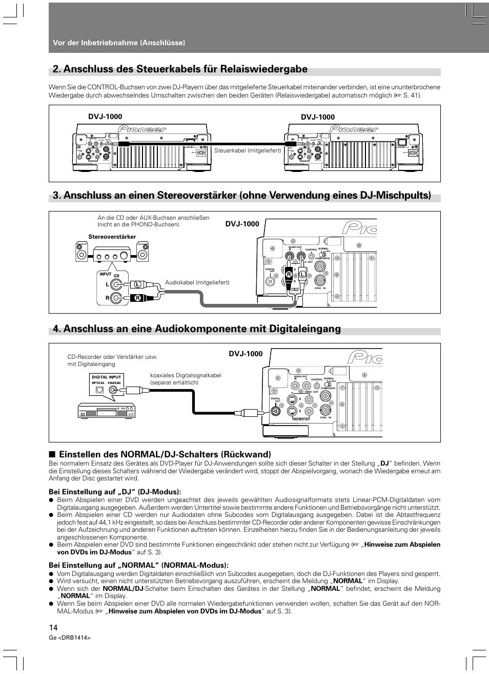 Ohne verwendung eines dj-mischpults), Anschluss an eine audiokomponente mit, Digitaleingang | Anschluss des steuerkabels für relaiswiedergabe, Einstellen des normal/dj-schalters (rückwand), Vor der inbetriebnahme (anschlüsse), Dvj-1000, Bei einstellung auf „dj“ (dj-modus), Bei einstellung auf „normal“ (normal-modus), Ge <drb1414 | Pioneer DVJ-1000 User Manual | Page 124 / 319