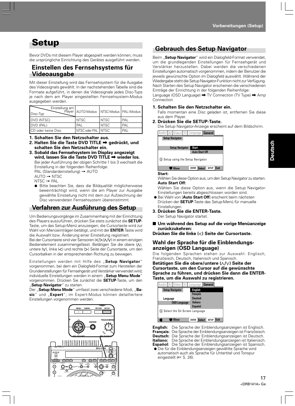 Vorbereitungen, Setup, Einstellen des fernsehsystems für videoausgabe | Gebrauch des setup navigator, Verfahren zur ausführung des setup, Deutsch, Vorbereitungen (setup), Schalten sie den netzschalter ein, Drücken sie die setup-taste, Drücken sie die enter-taste | Pioneer DVJ-1000 User Manual | Page 127 / 319