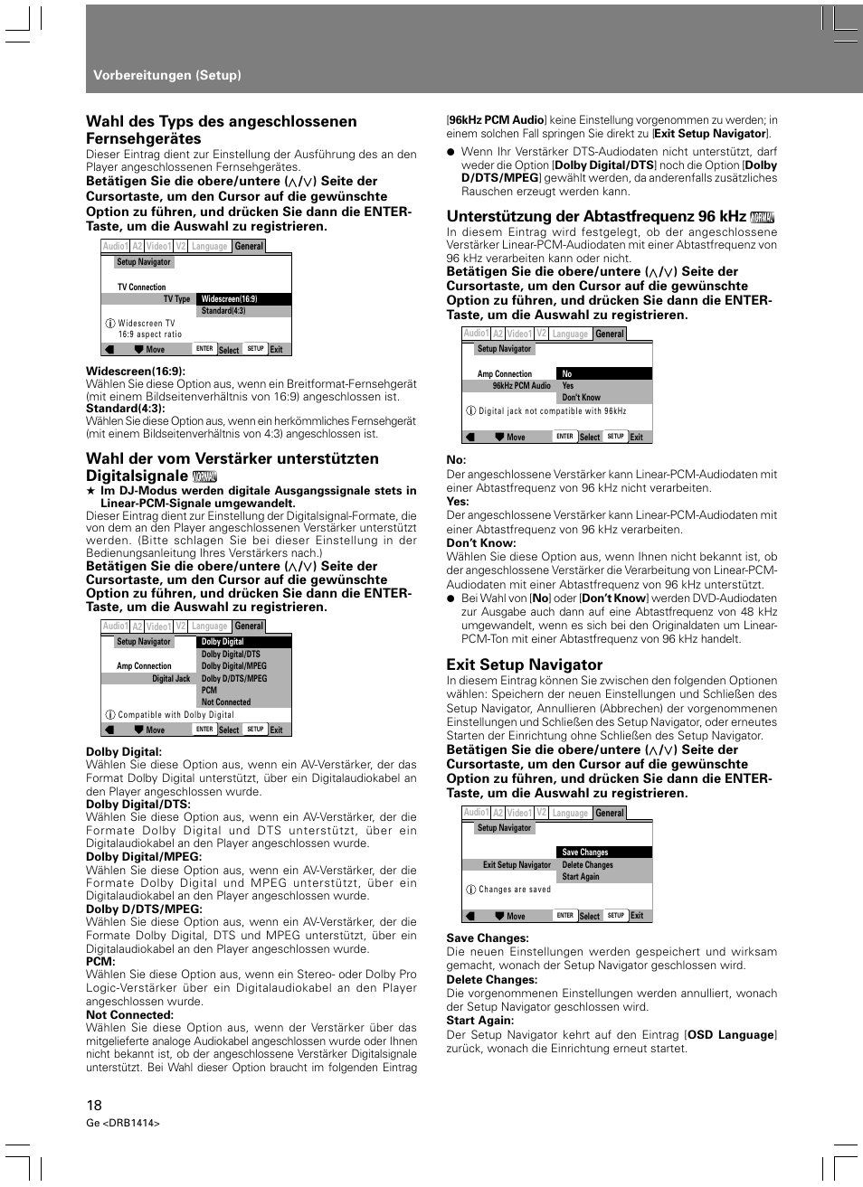 Wahl des typs des angeschlossenen fernsehgerätes, Unterstützung der abtastfrequenz 96 khz, Exit setup navigator | Pioneer DVJ-1000 User Manual | Page 128 / 319