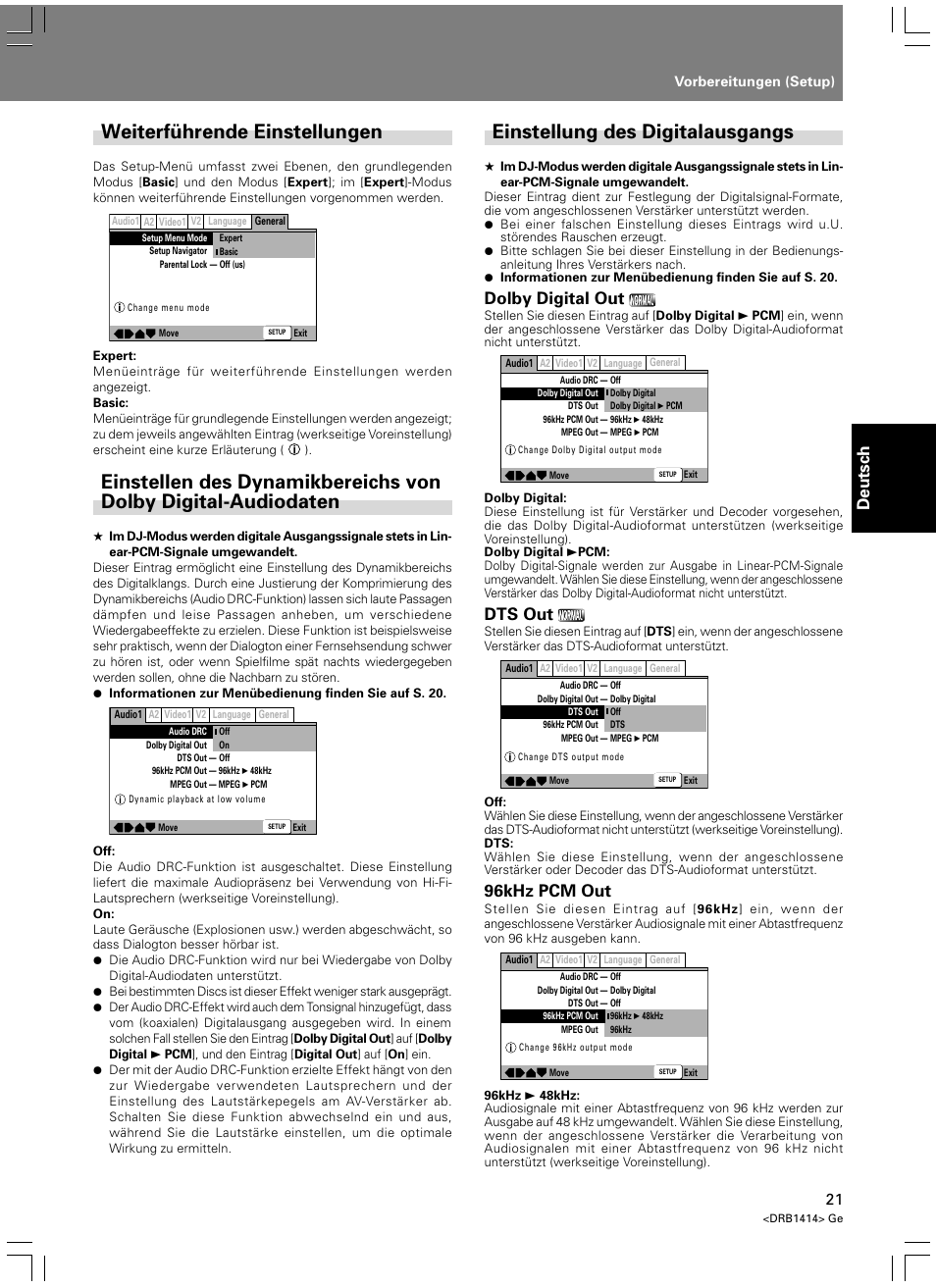 Weiterführende einstellungen, Einstellung des digitalausgangs, Deutsch | Dolby digital out, Dts out, 96khz pcm out | Pioneer DVJ-1000 User Manual | Page 131 / 319