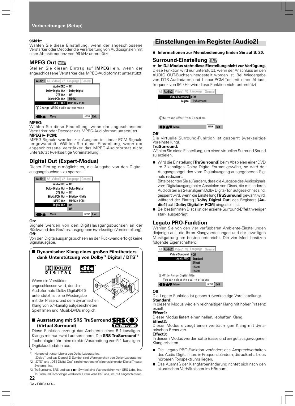 Einstellungen im register [audio2, Mpeg out, Digital out (expert-modus) | Surround-einstellung, Legato pro-funktion | Pioneer DVJ-1000 User Manual | Page 132 / 319