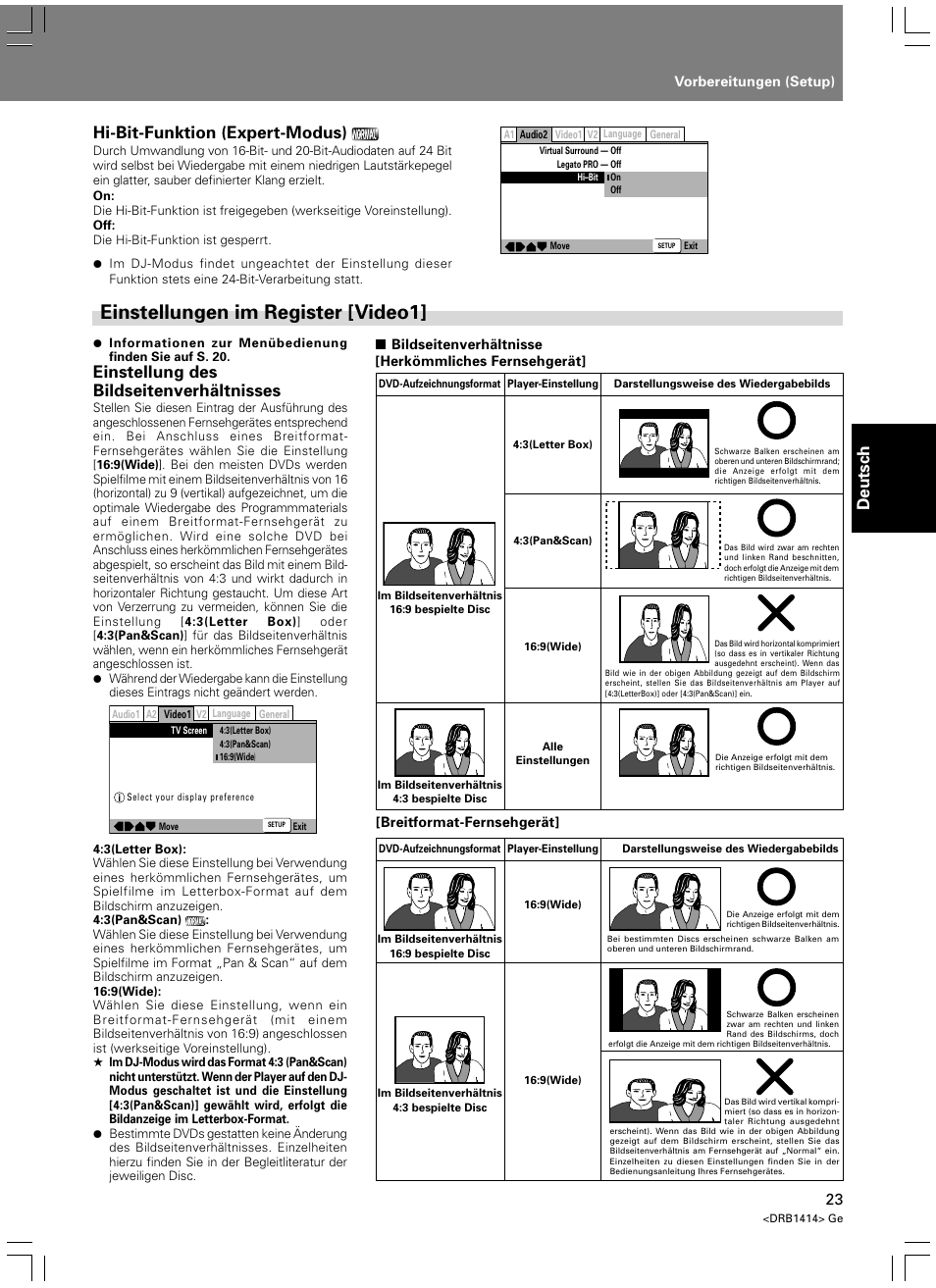 Einstellungen im register [video1, Deutsch, Einstellung des bildseitenverhältnisses | Hi-bit-funktion (expert-modus) | Pioneer DVJ-1000 User Manual | Page 133 / 319