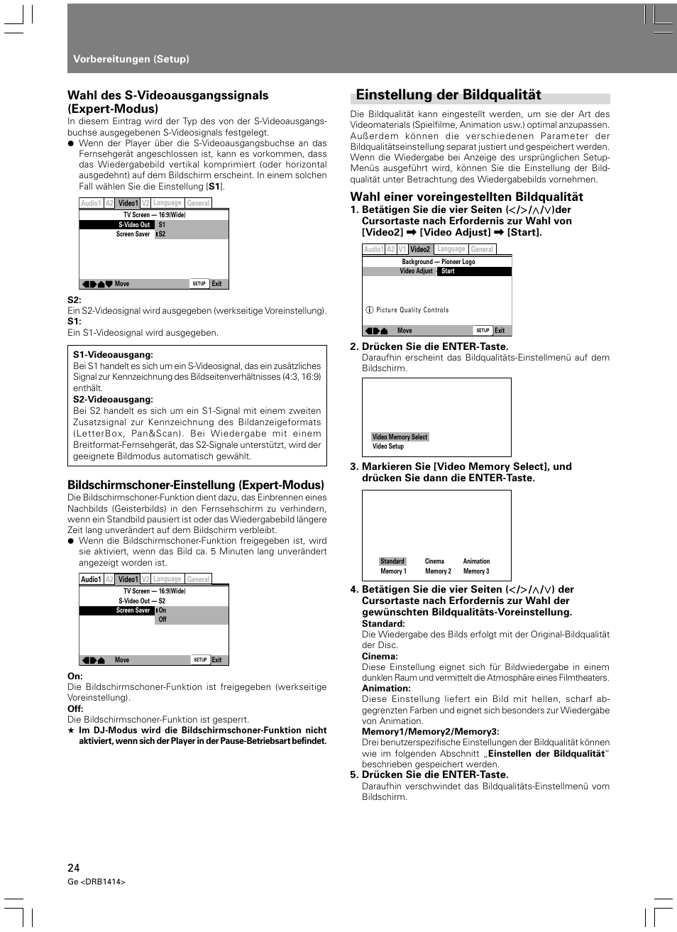 Einstellung der bildqualität, Wahl des s-videoausgangssignals (expert-modus), Bildschirmschoner-einstellung (expert-modus) | Wahl einer voreingestellten bildqualität | Pioneer DVJ-1000 User Manual | Page 134 / 319